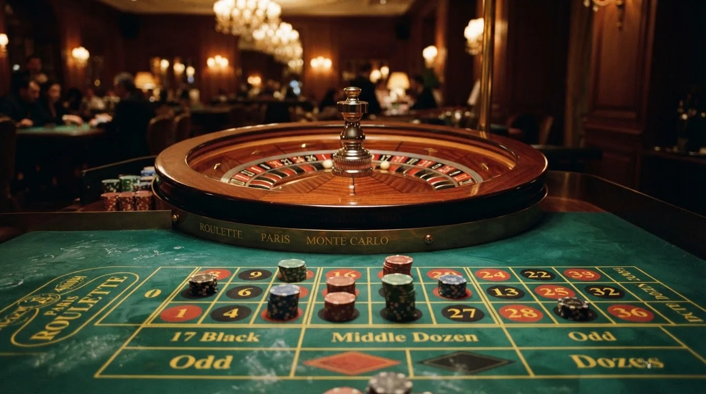 Kotač ruleta i žetoni na zelenom suknu pod toplim večernjim svjetlom — besplatni casina u hrvatskoj