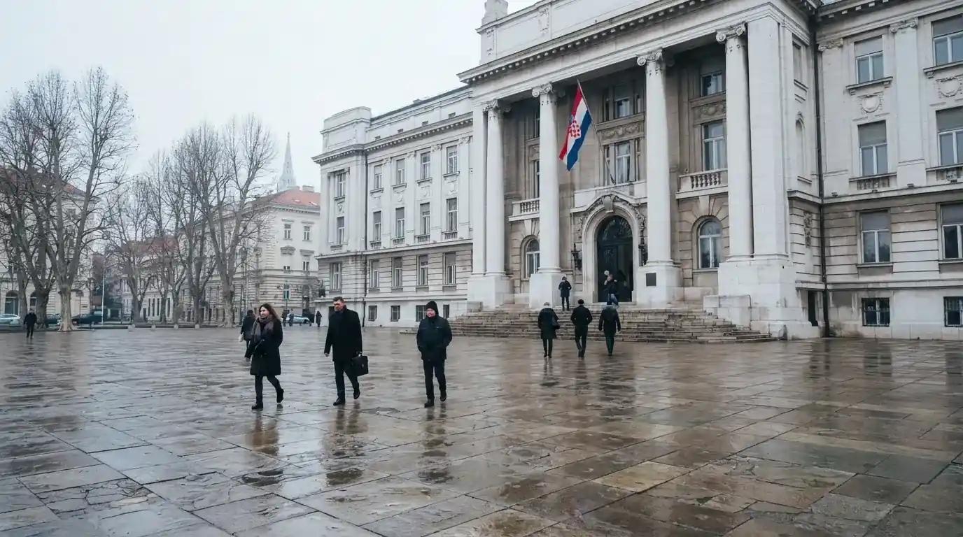 Trg ispred državne zgrade s hrvatskom zastavom, ljudi prolaze u zimskim kaputima, hladno jutarnje svjetlo.