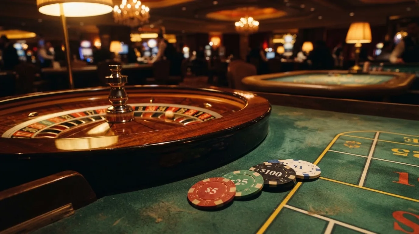 Kotač ruleta i žetoni na zelenom suknu pod toplim večernjim svjetlom — blackjack casina u hrvatskoj