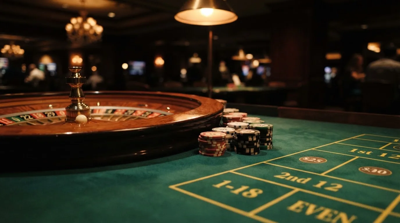 Kotač ruleta i žetoni na zelenom suknu pod toplim večernjim svjetlom — bonusi bez depozita u kasinu