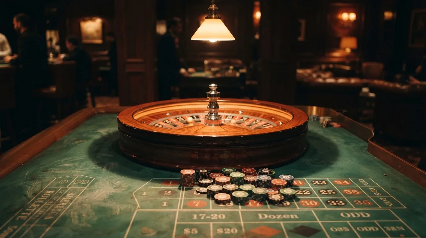 Kotač ruleta i žetoni na zelenom suknu pod toplim večernjim svjetlom — casina za android u hrvatskoj