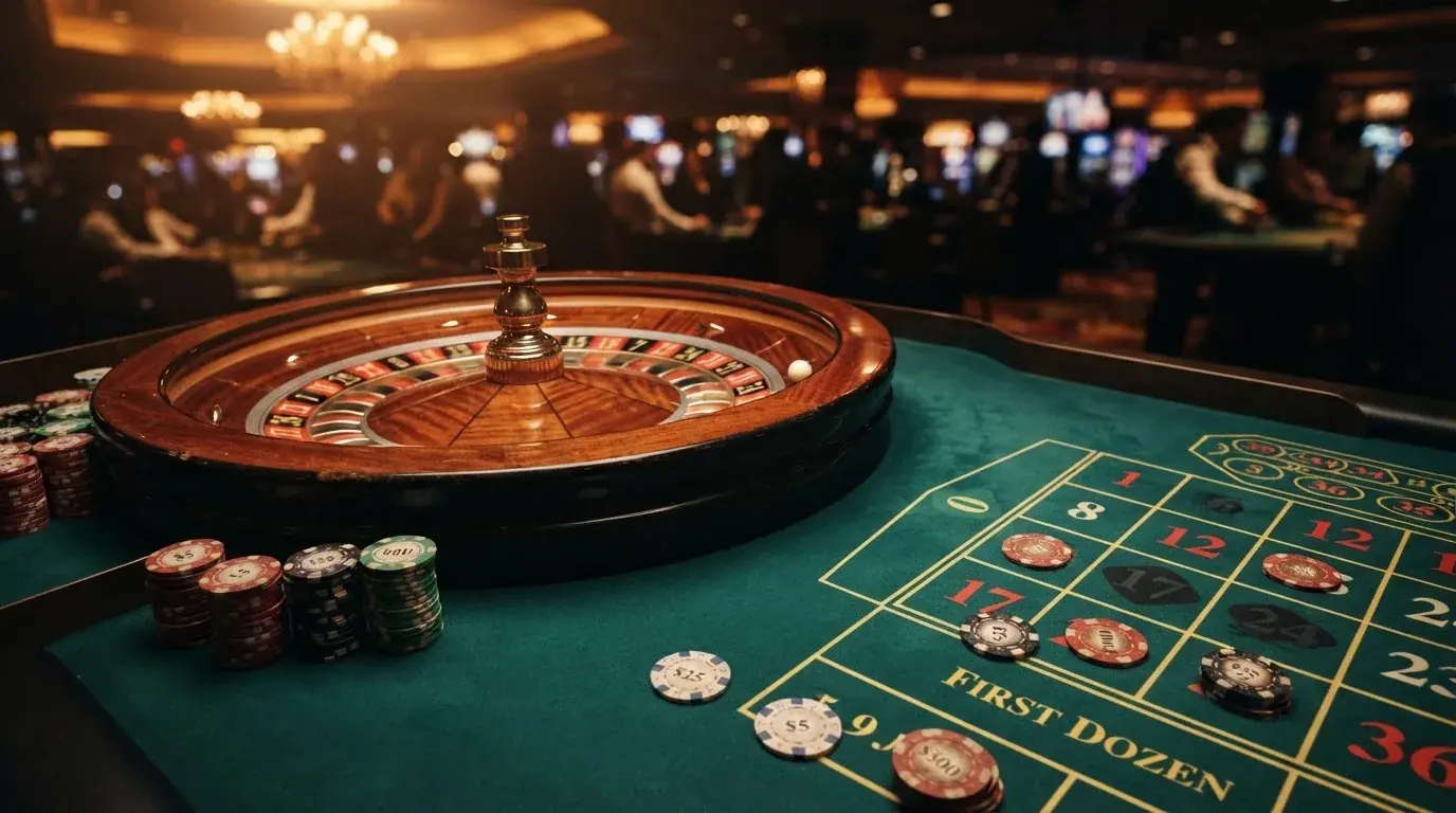 Kotač ruleta i žetoni na zelenom suknu pod toplim večernjim svjetlom — casina za iphone u hrvatskoj