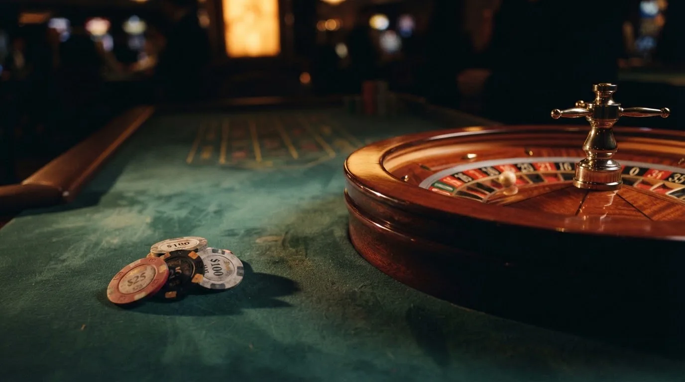 Kotač ruleta i žetoni na zelenom suknu pod toplim večernjim svjetlom — casino aparati u hrvatskoj