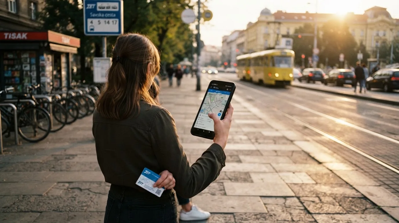 Osoba na autobusnoj stanici u Zagrebu čeka autobus i drži mobitel u ruci, kasno poslijepodne.