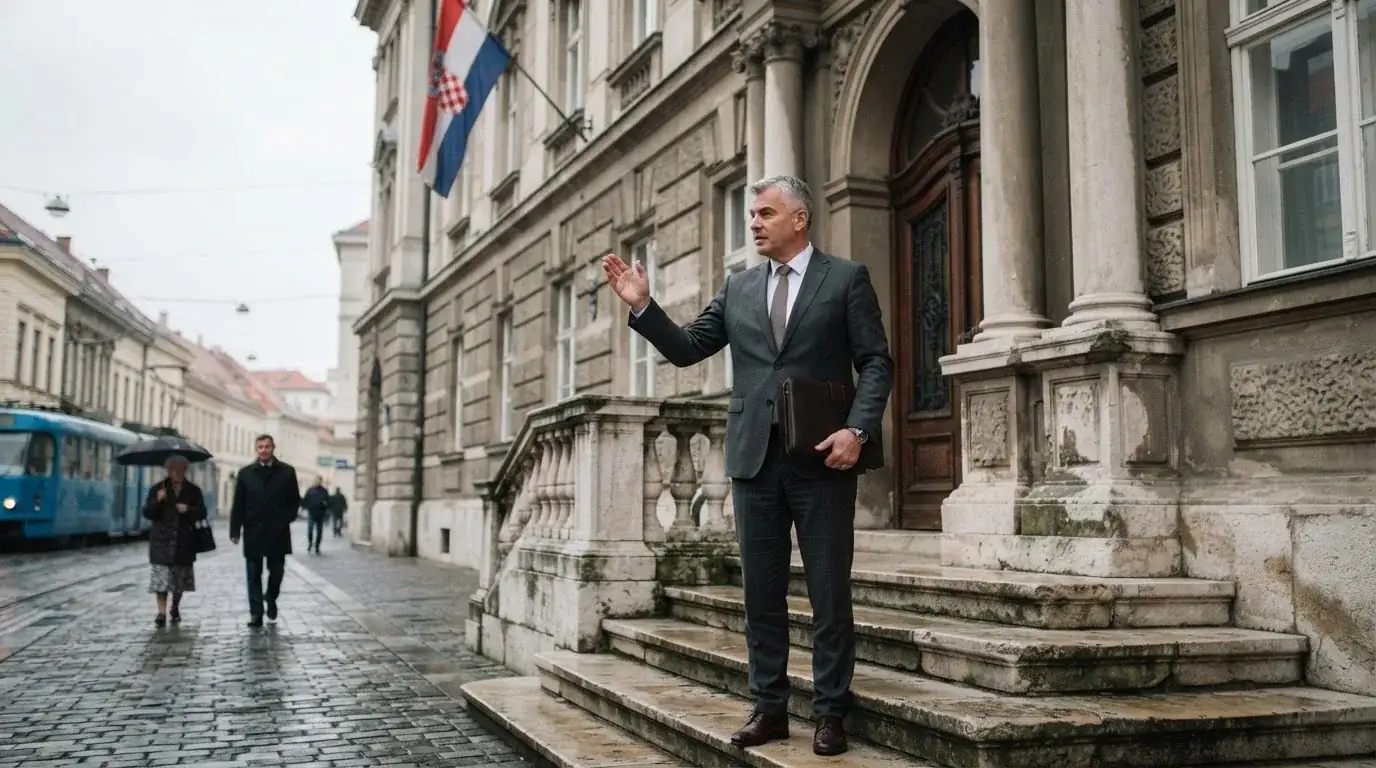 Službenik u sivom odijelu stoji ispred državne zgrade u Zagrebu s mapom pod rukom, oblačan dan.