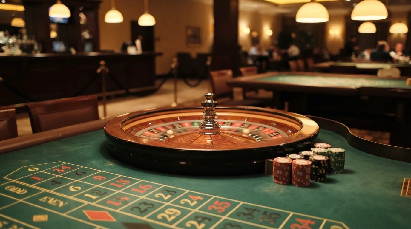 Kotač ruleta i žetoni na zelenom suknu pod toplim večernjim svjetlom — casino bez registracije u hrvatskoj