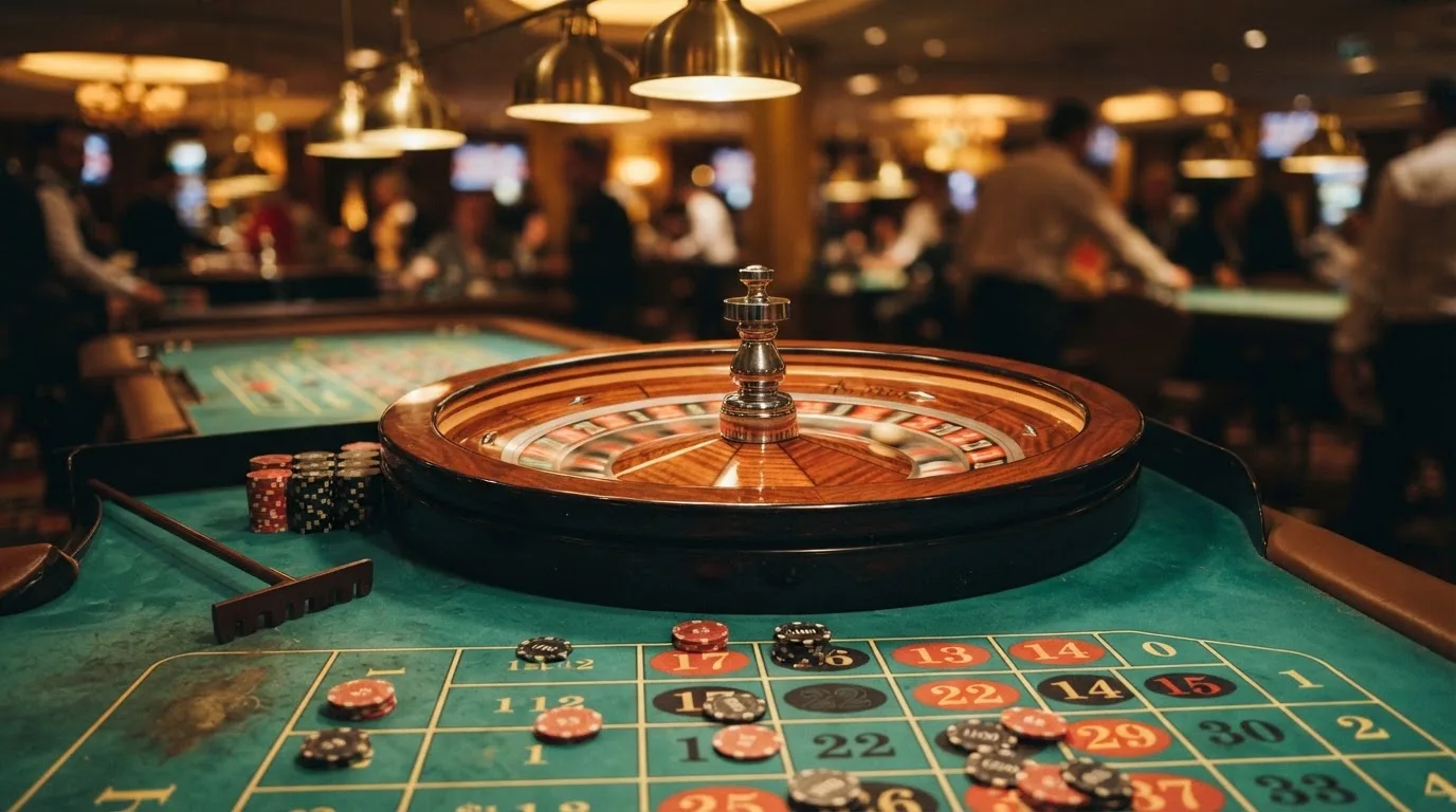 Kotač ruleta i žetoni na zelenom suknu pod toplim večernjim svjetlom — casino igre u hrvatskoj