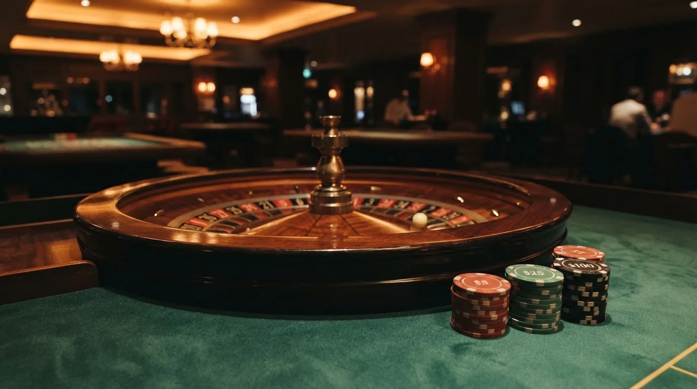 Kotač ruleta i žetoni na zelenom suknu pod toplim večernjim svjetlom — casino s apple pay u hrvatskoj