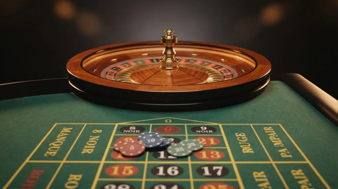 Kotač ruleta i žetoni na zelenom suknu pod toplim večernjim svjetlom — casino s bankovnim transferima