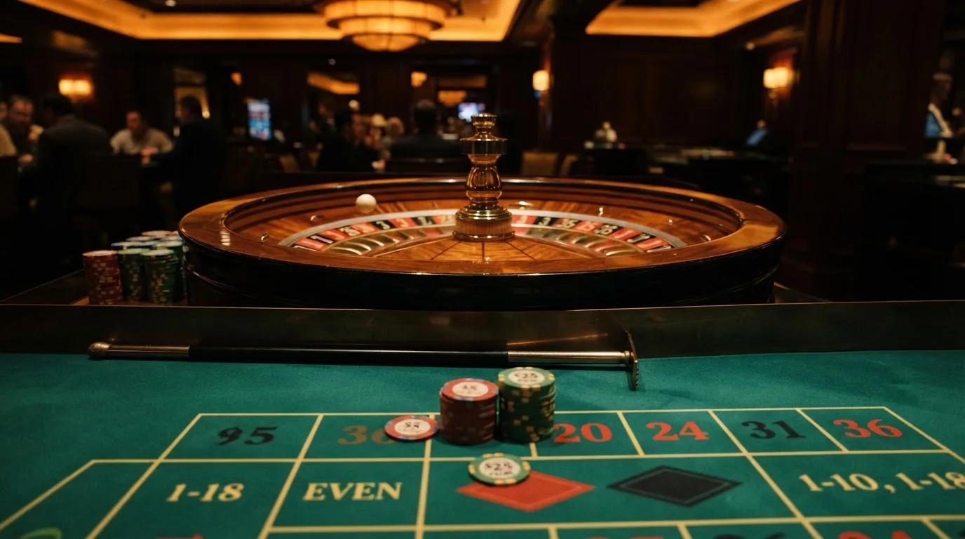 Kotač ruleta i žetoni na zelenom suknu pod toplim večernjim svjetlom — casino s google pay u hrvatskoj
