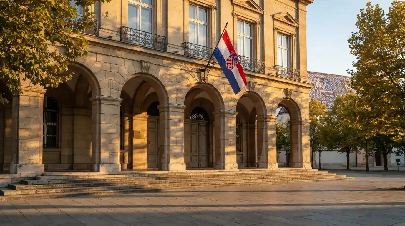 Fasada državne zgrade s lukovima i hrvatskom zastavom u sjaju poslijepodneva, bez ljudi.