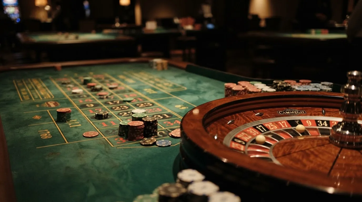 Kotač ruleta i žetoni na zelenom suknu pod toplim večernjim svjetlom — casino stranice u hrvatskoj