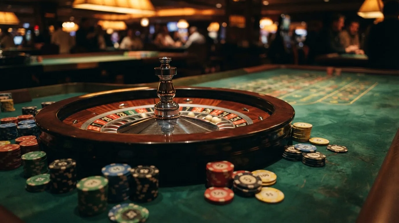 Kotač ruleta i žetoni na zelenom suknu pod toplim večernjim svjetlom — ethereum casino u hrvatskoj