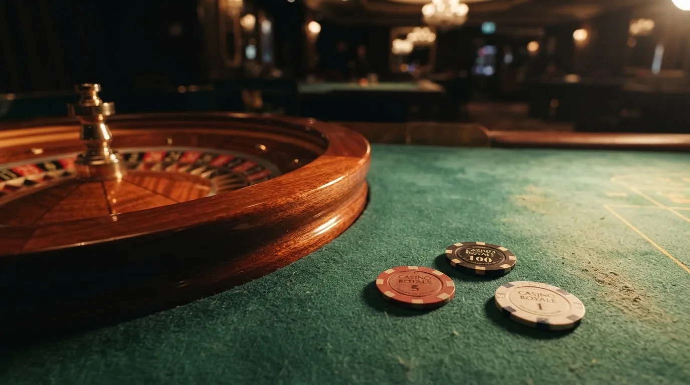 Kotač ruleta i žetoni na zelenom suknu pod toplim večernjim svjetlom — igrati blackjack u hrvatskoj