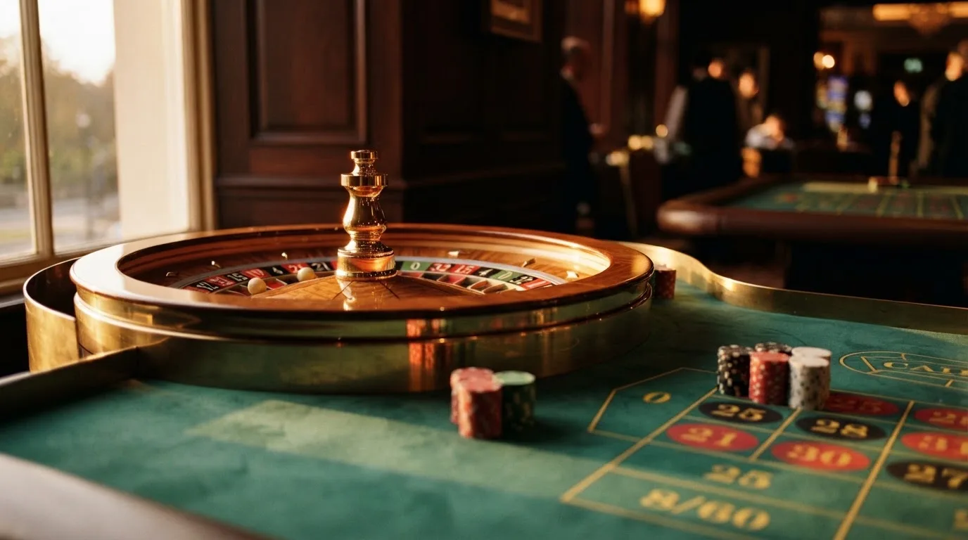 Kotač ruleta i žetoni na zelenom suknu pod toplim večernjim svjetlom — kombinacije za rulet