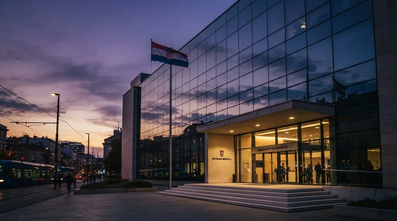 Fasada moderne državne zgrade u Zagrebu s ravnim staklenim pročeljem i hrvatskom zastavom, snimljena u sumrak.