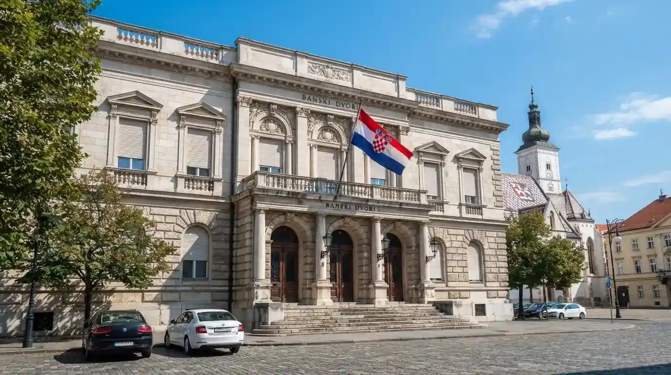 Svijetla državna zgrada u središtu Zagreba s hrvatskom zastavom na pročelju, snimljena danju pod vedrim nebom.