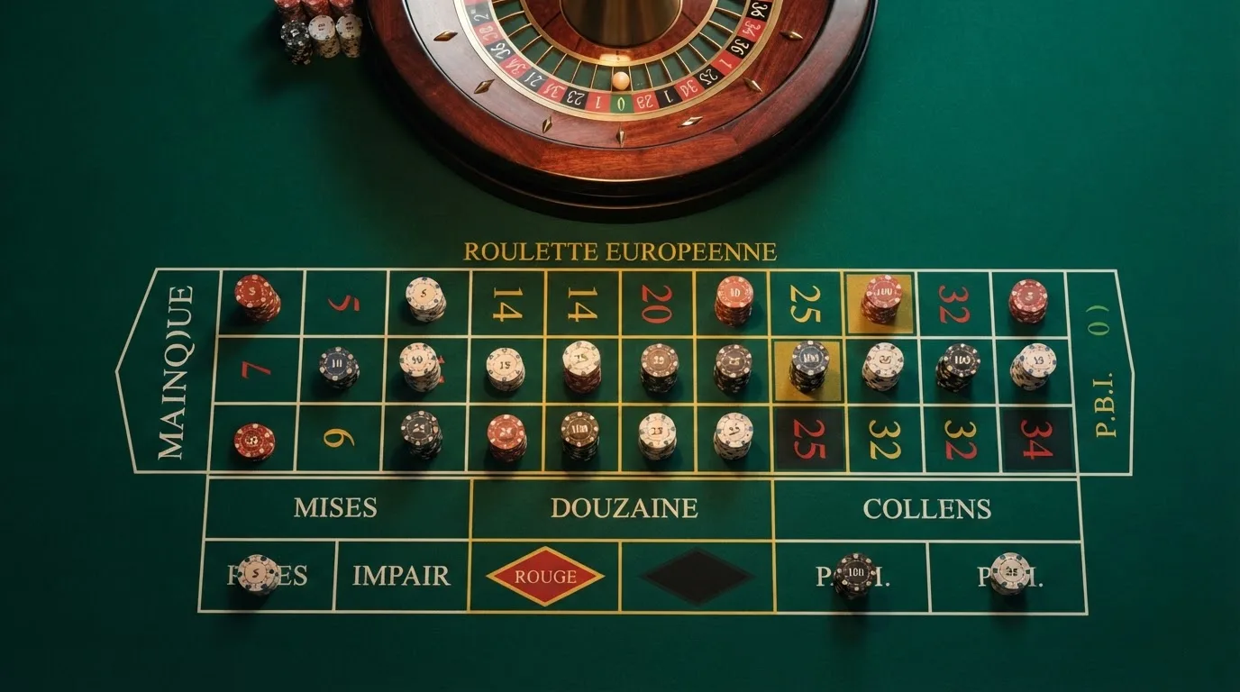 Pogled odozgo na zeleno sukno ruleta sa žetonima različitih boja složenim u male stupce, pod toplim svjetlom.