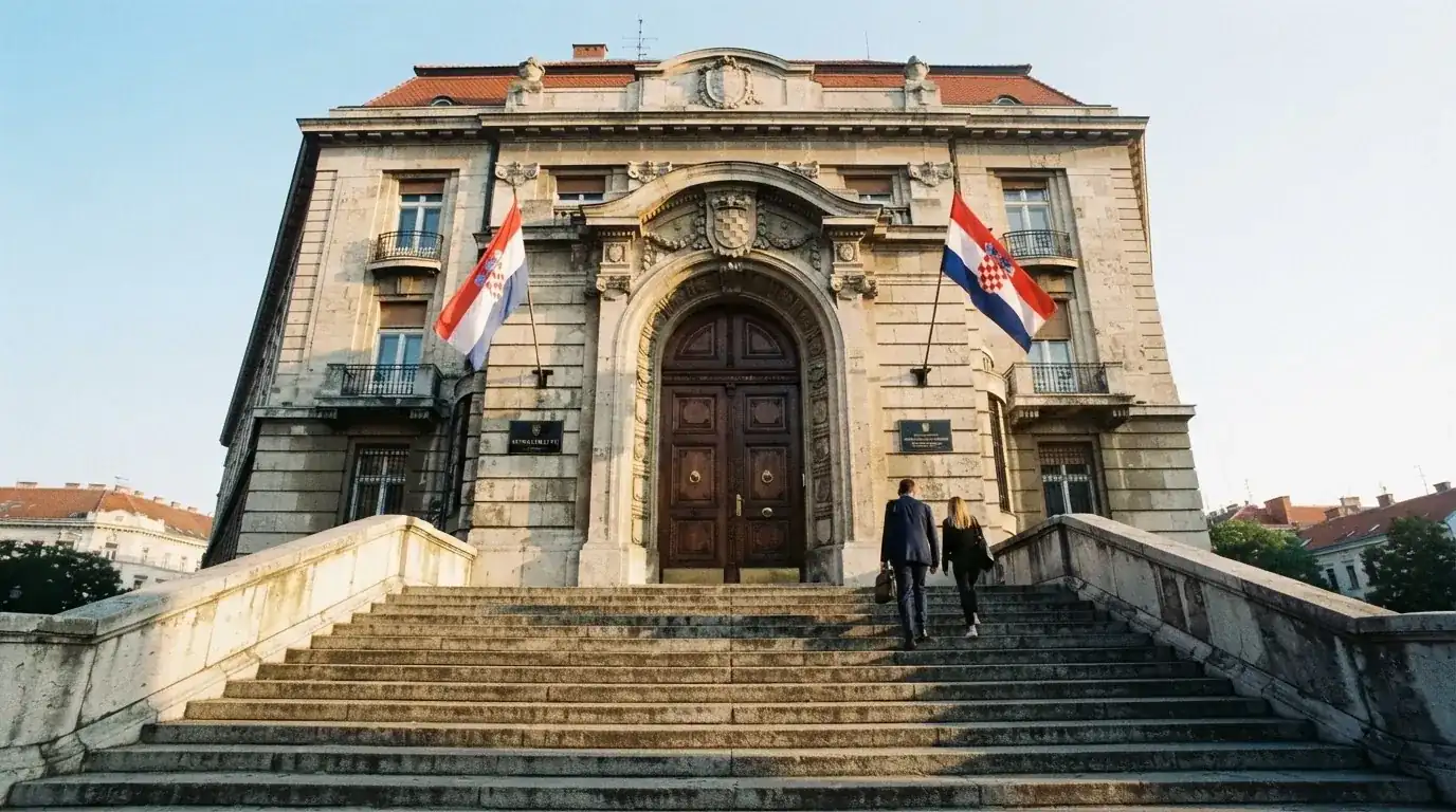 Ulaz u zgradu ministarstva u Zagrebu s kamenim stubama i zastavama, snimljen u jutarnjem svjetlu.